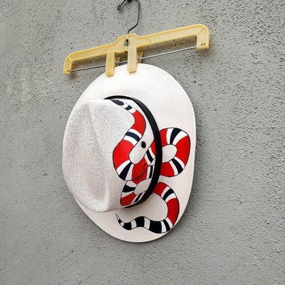 Hand Painted Snake White Fedora Straw Hat Made in Mexico Size Medium - Picture 13 of 13